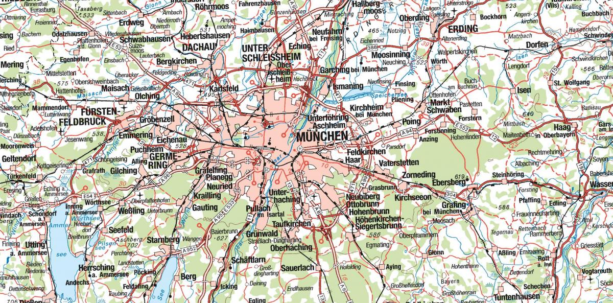 Mappa di monaco di baviera e le città circostanti